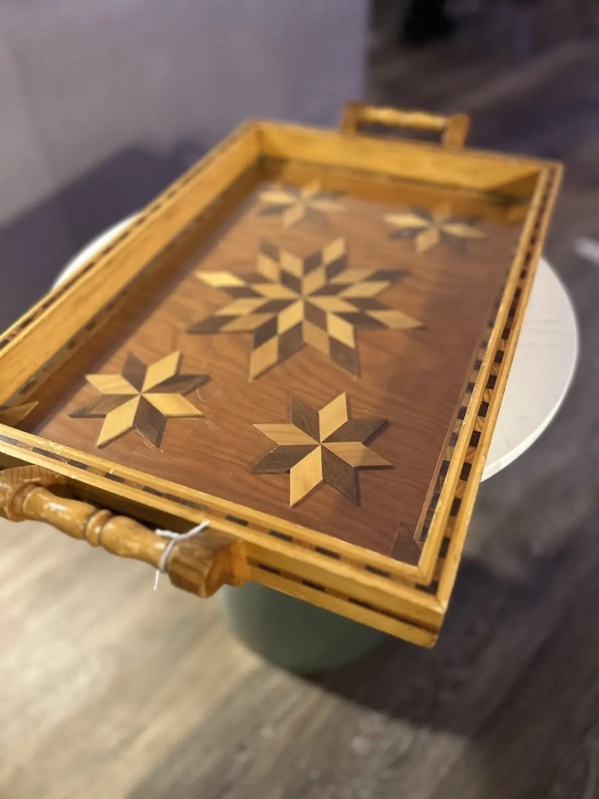 Wooden Serving Tray - Marquetry Star Pattern Inlay