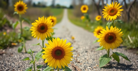road with sunflowers growing in cracks, 