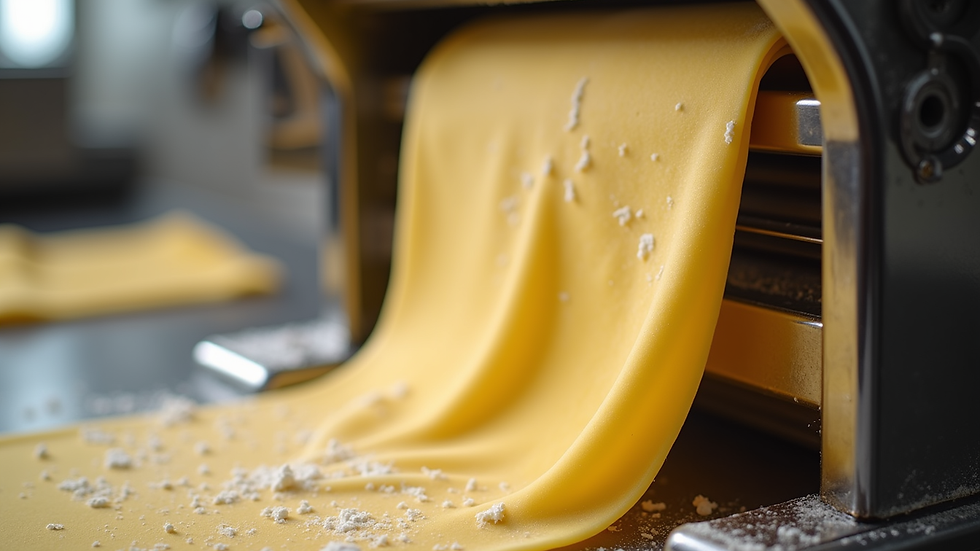 Close-up view of fresh pasta dough being rolled through a pasta machine