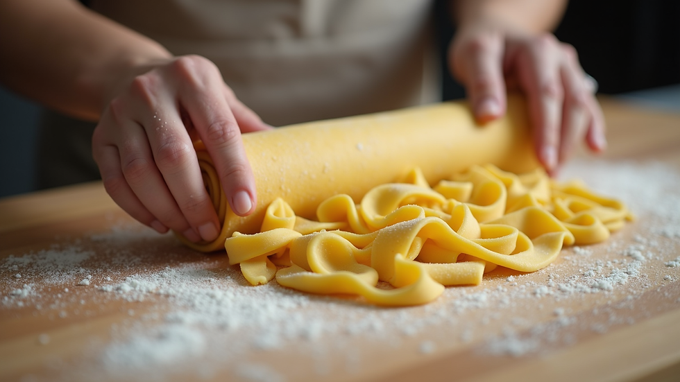 Close-up of fresh handmade pasta being rolled on a wooden board
