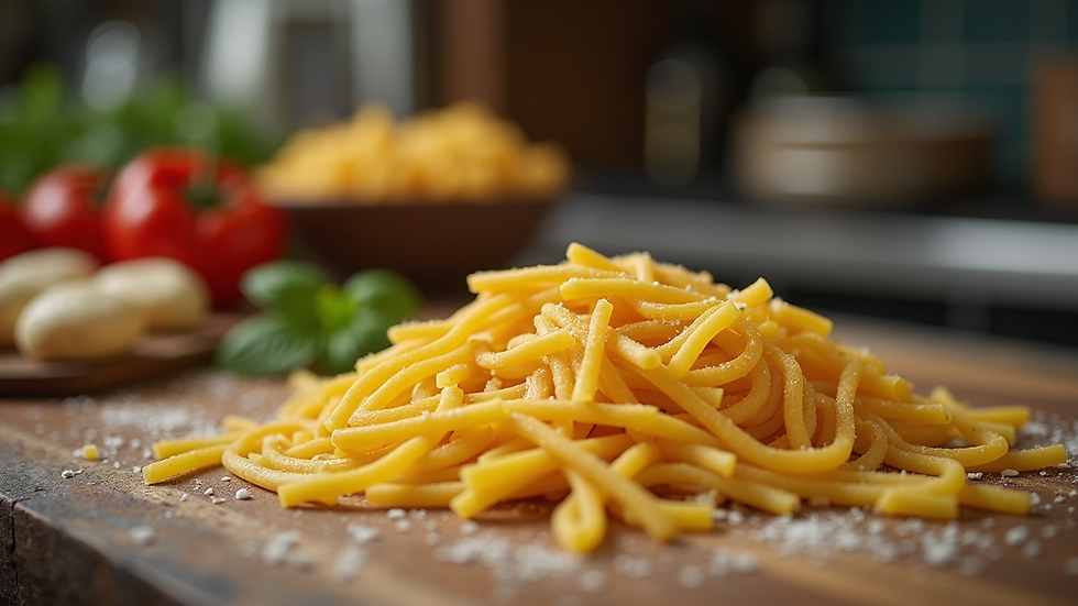 Eye-level view of a rustic kitchen counter with fresh pasta ingredients