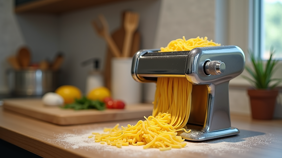 Eye-level view of a home pasta machine on a kitchen counter