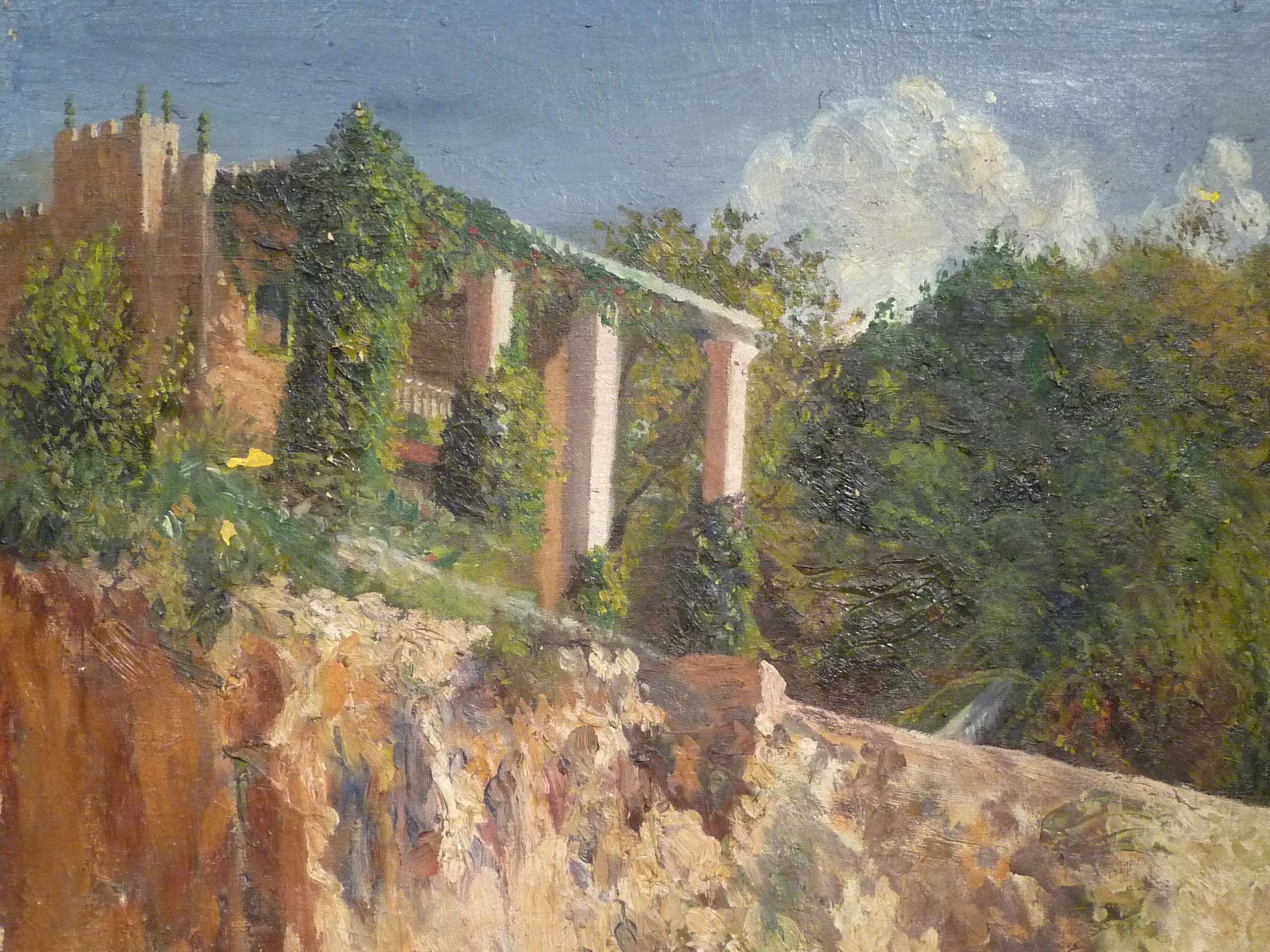 OLEO DE PAISAJE CON CASTILLO EN UN RIZCO CON MARCO BLANCO FIRMAD.- ELOISA RUIZ