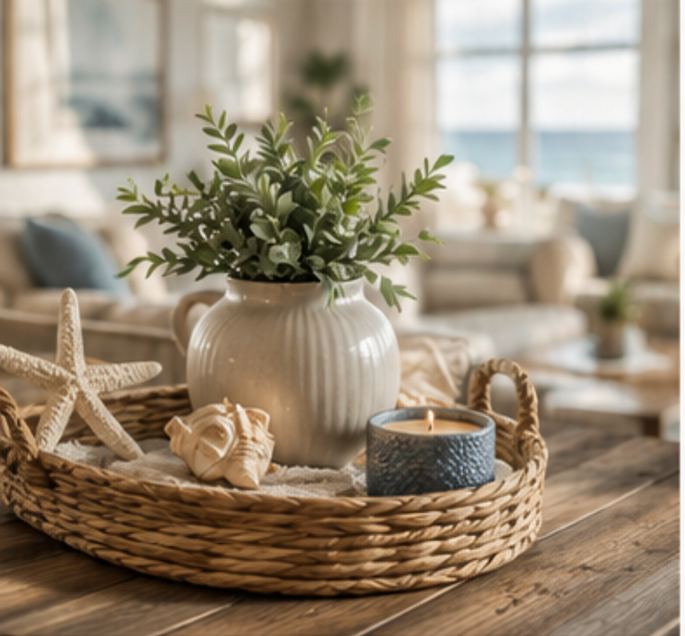 Seaside property management decor with candle and plant