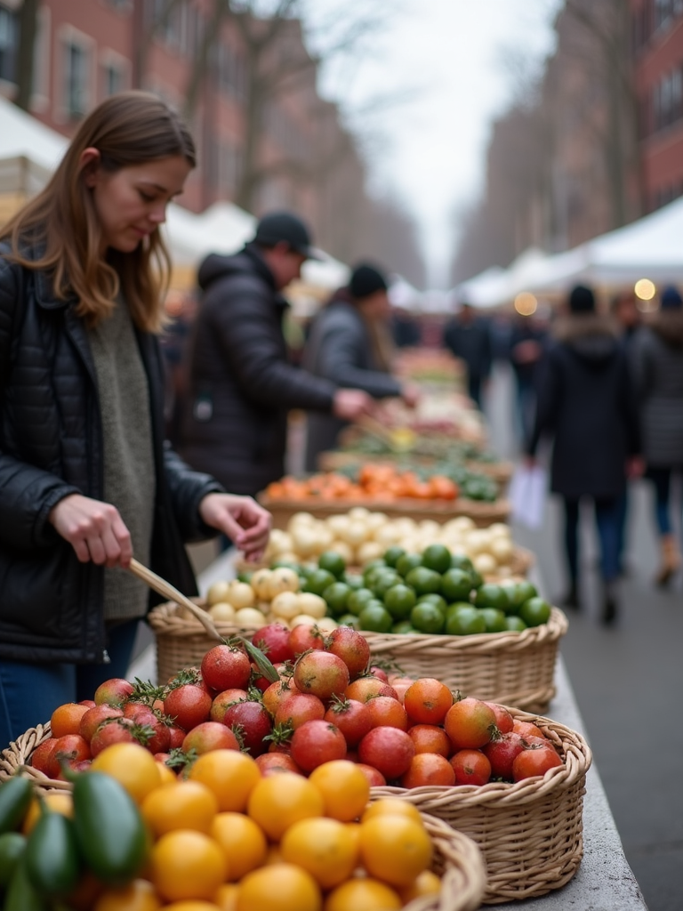 A vibrant portrait of an outdoor street fair with white tents and leafy green trees.
