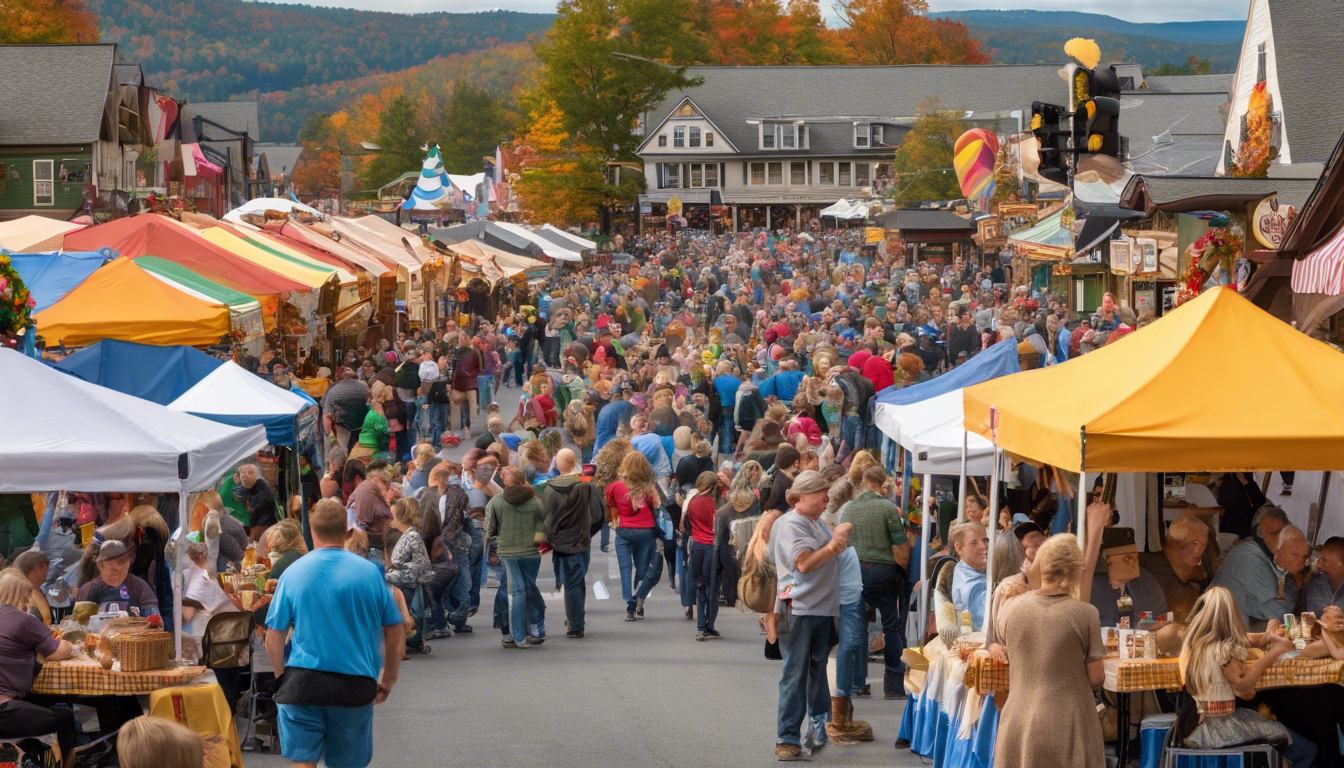 Landscape view of a bustling flea market field with antique tables and honey jars in focus.