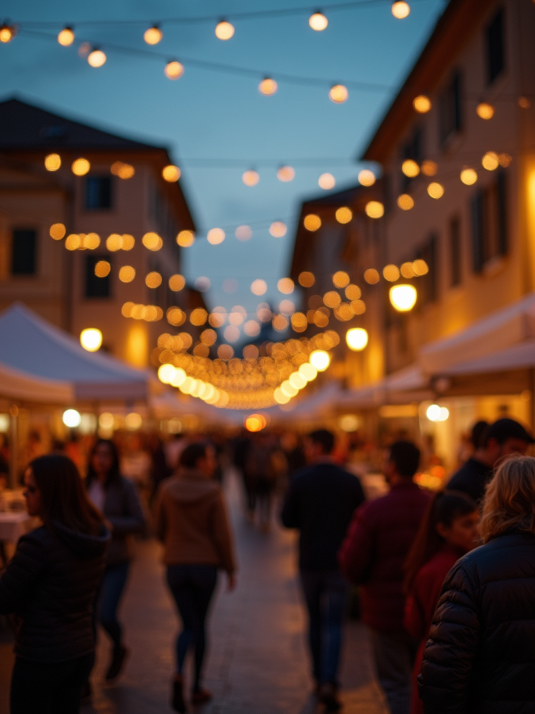Soft evening light illuminating a festive Italian-themed courtyard with string lights.