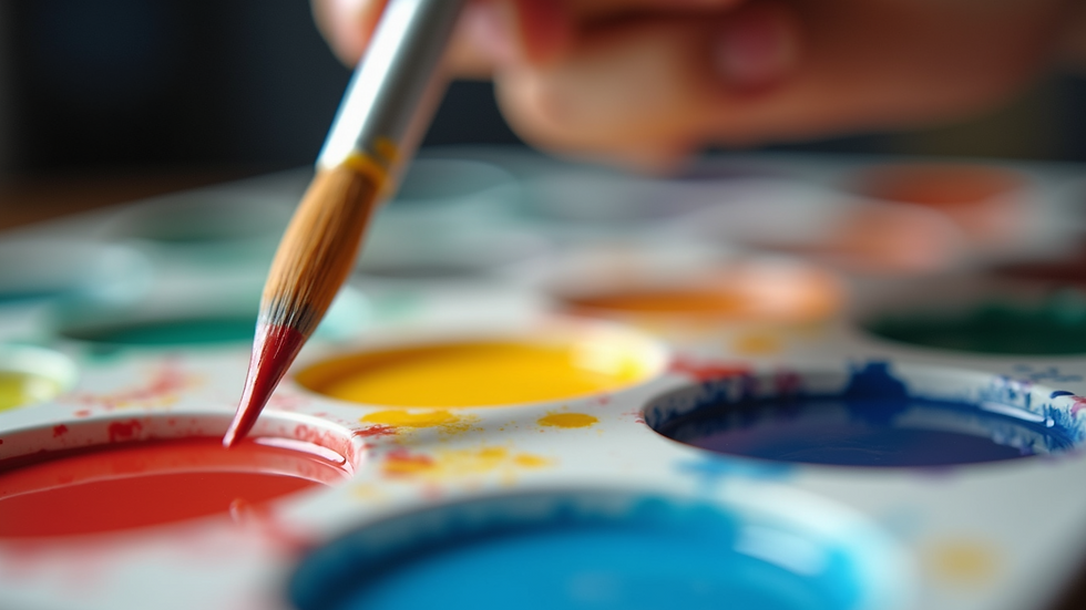 Close-up of a colorful palette with paintbrushes