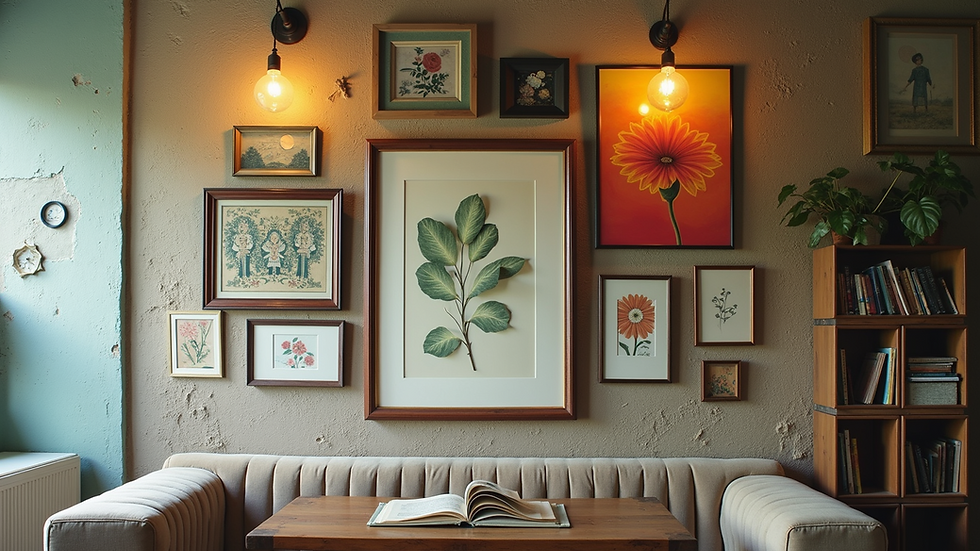 Eye-level view of a bohemian-styled wall featuring an eclectic mix of art pieces