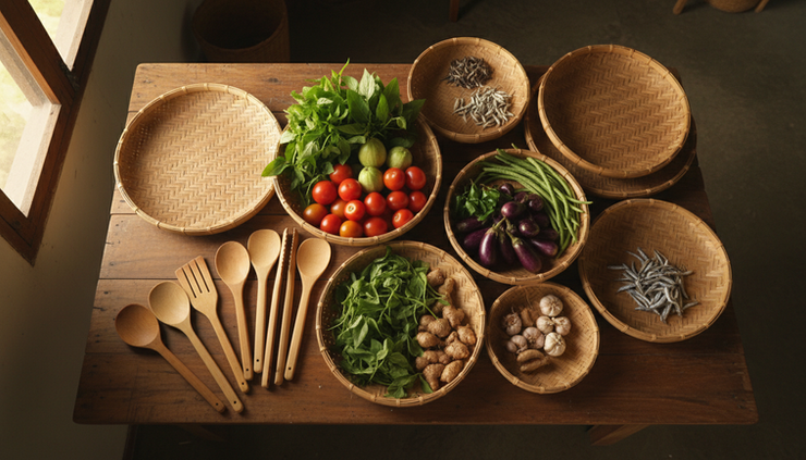 Overhead view of bamboo baskets, trays, and cooking utensils arranged beside fresh vegetables.