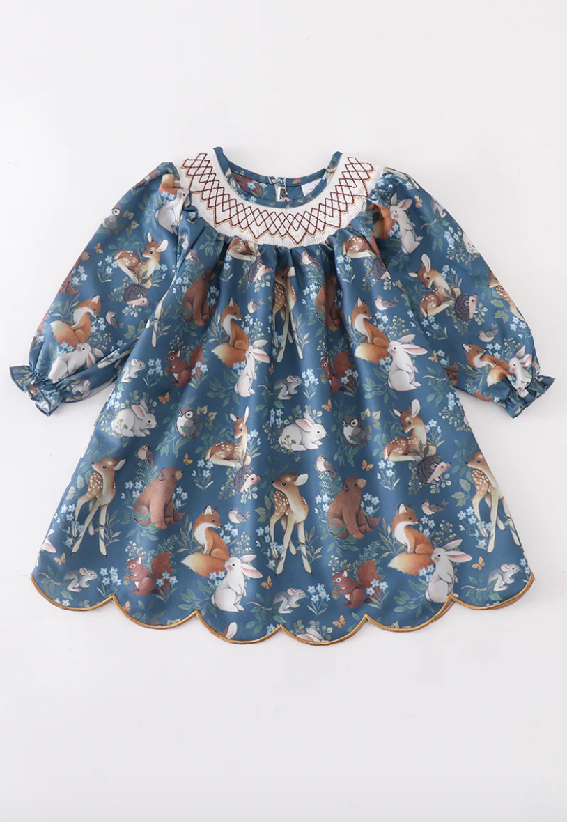 NAVY FORREST FRIENDS SMOCKED DRESS