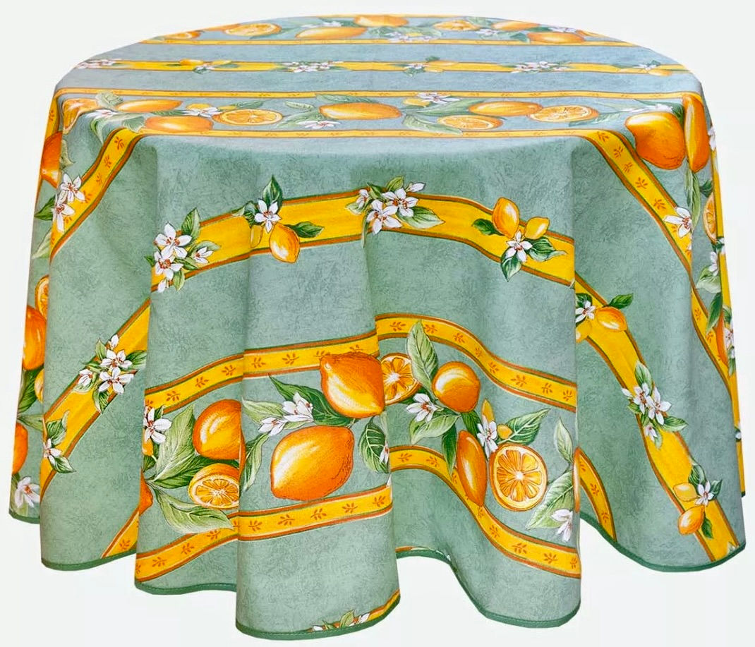 French Tablecloth Coated 60" Round Striped Green Citron