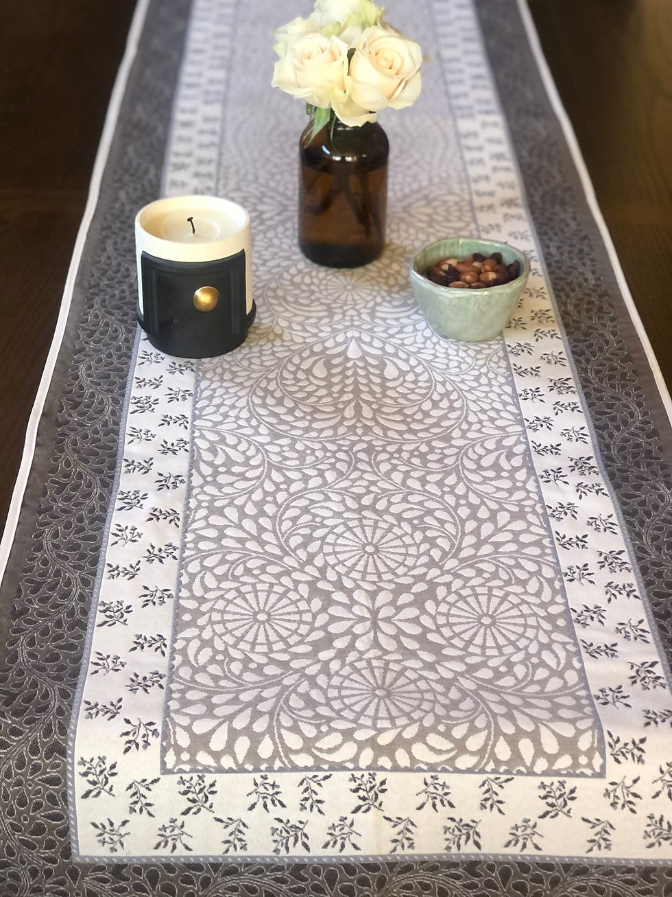 French Table Runner Jacquard Tapestry Taupe/Blue Aubrac