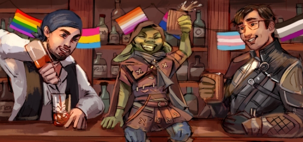 Gallant Goblin founders Grady and Theo toast with their mascot for Pride Month.