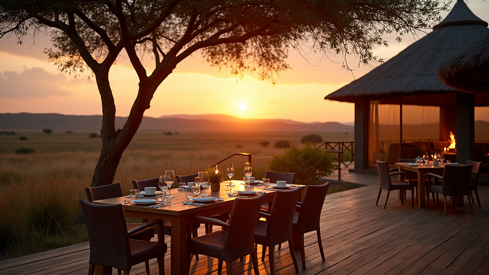 Wide angle view of an outdoor dining area at a luxury safari camp during sunset