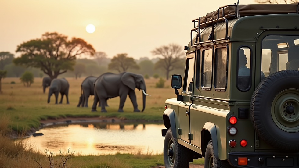 Close-up view of a safari vehicle parked near a watering hole with elephants drinking