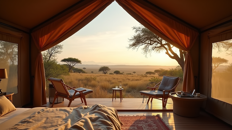 Eye-level view of a luxury safari tent with a veranda overlooking the African savannah