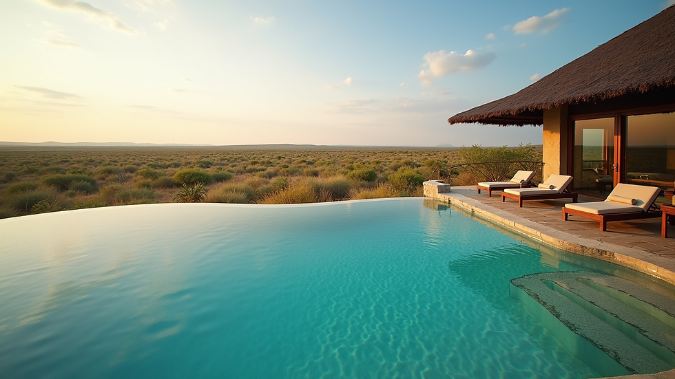 Wide angle view of a luxury lodge pool overlooking the African savannah