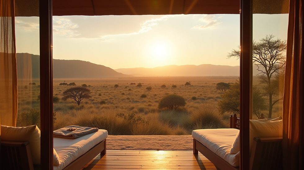Eye-level view of a luxury safari lodge overlooking a vast African savannah