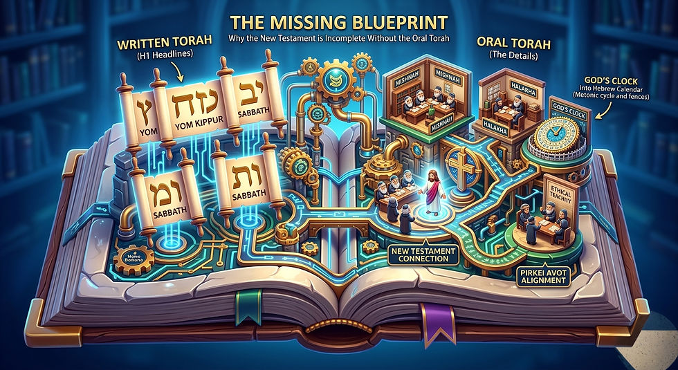 A vibrant 3D "Nano Banana" style diorama of an open ancient book. On the left page, glowing Hebrew scrolls represent the "Written Torah" headlines for Yom Kippur and the Sabbath. Intricate golden gears and glowing blue circuit pathways connect these to a detailed "Oral Torah" structure on the right page, featuring miniature study halls for the Mishnah and Halakha, a celestial "God’s Clock" for the Hebrew calendar, and a glowing central connection to a figure representing Jesus and New Testament teachings (Pirkei Avot).