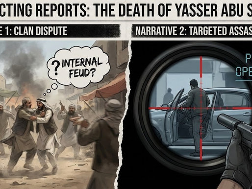 A graphic illustrating the conflicting reports of Yasser Abu Shabab's death, contrasting a chaotic clan fight with a targeted assassination.
