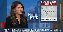 Homeland Security Secretary Kristi Noem speaks during an interview on "Meet the Press." A graphic beside her shows a map of Washington, D.C., with the text "NATIONAL GUARD AMBUSH" and "SUSPECT RADICALIZED IN US."