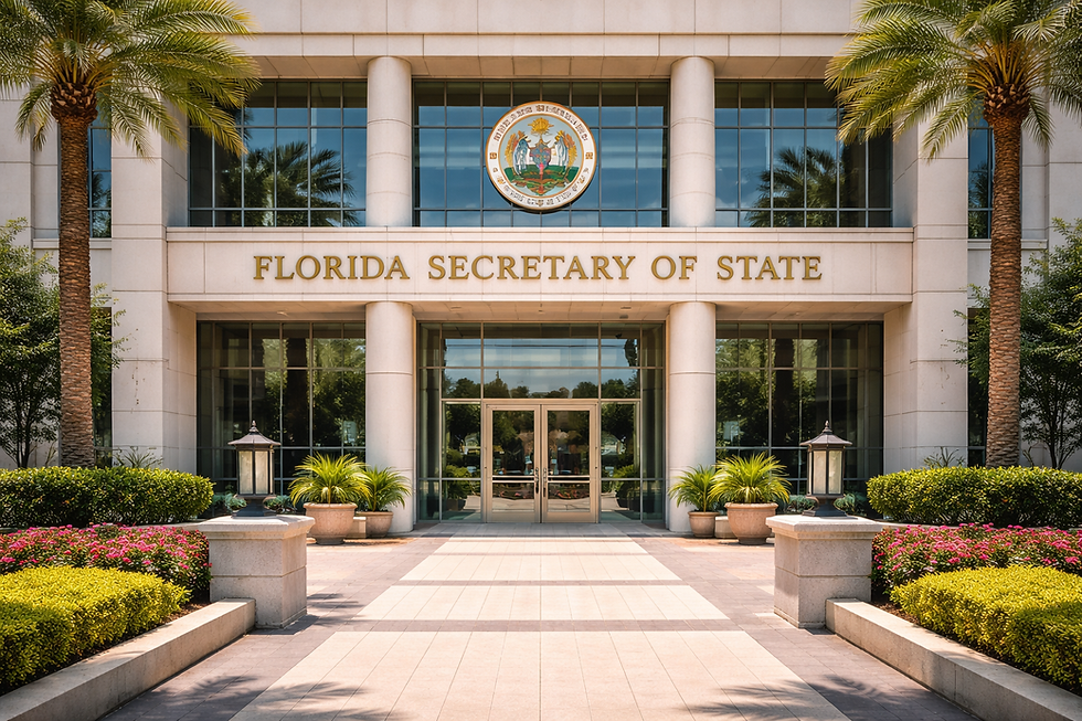 Entrada do prédio da Secretaria de Estado da Flórida. Palmeiras e flores coloridas emolduram a fachada de vidro. Emblema acima da porta.