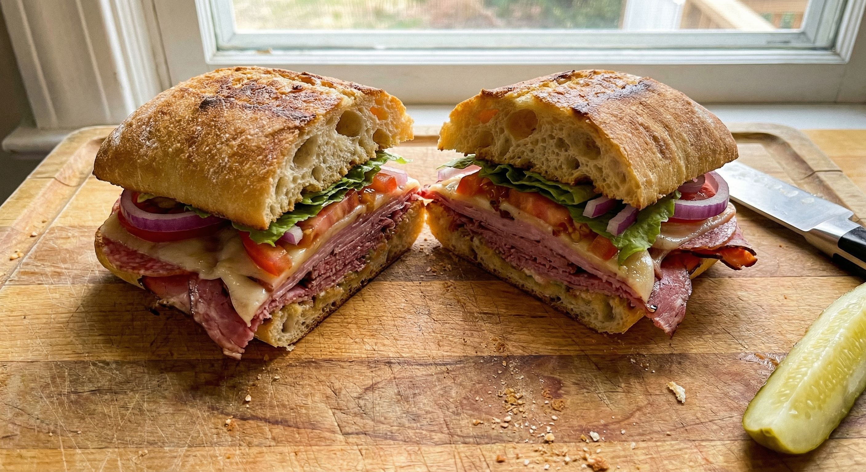 כריך ג'בטה חתוך עם שכבות נקניקים ופסטרמה