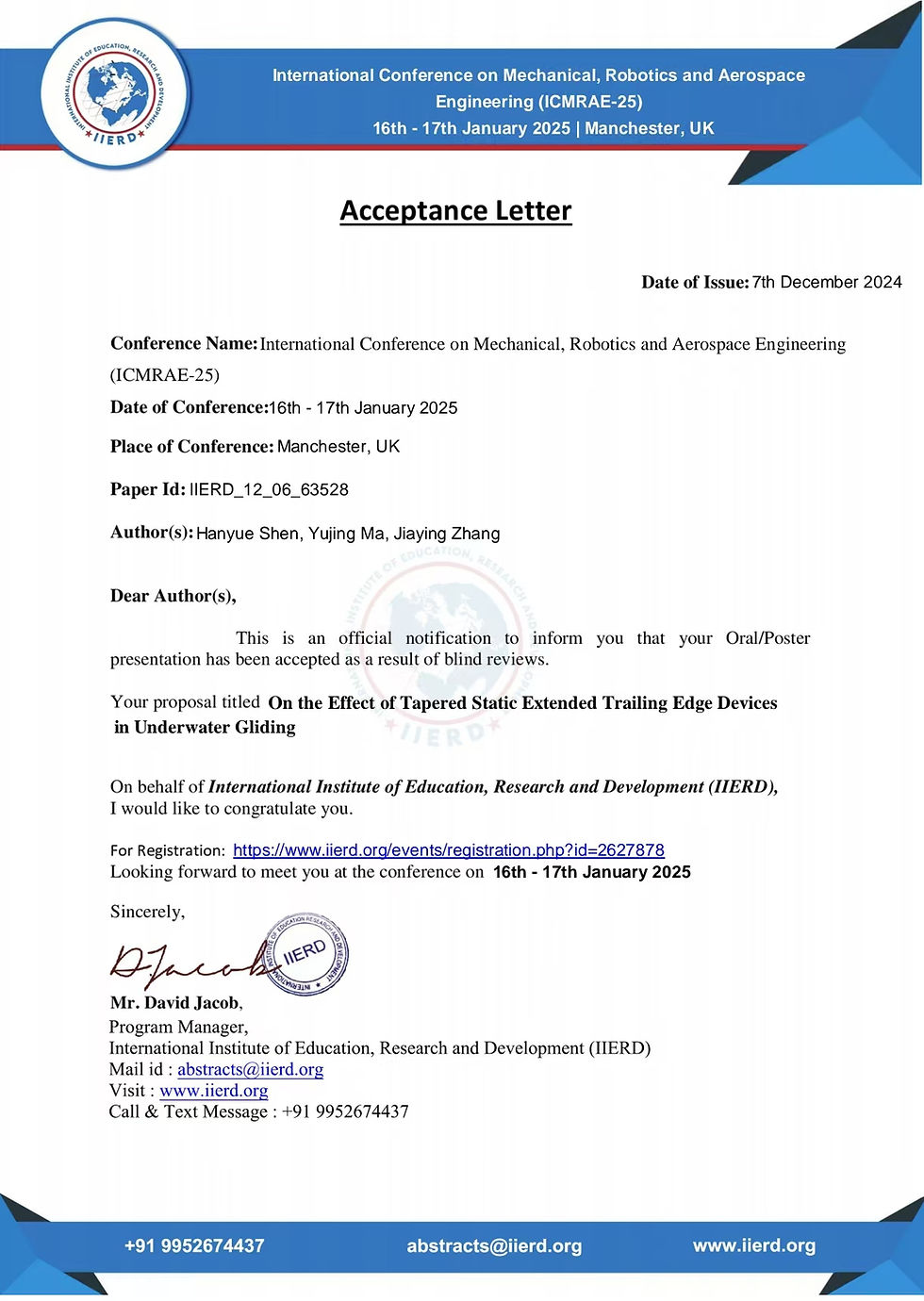 Accepted! IIERD Conference