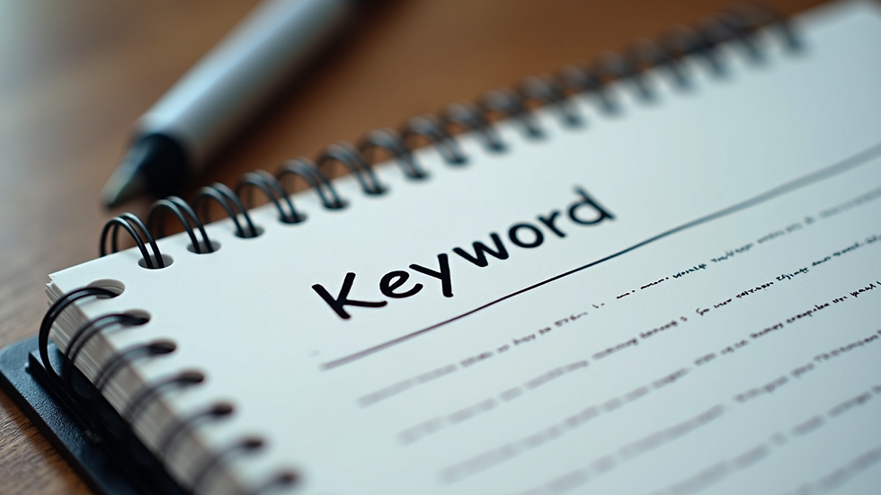 Close-up view of a notepad with handwritten notes on keyword strategy