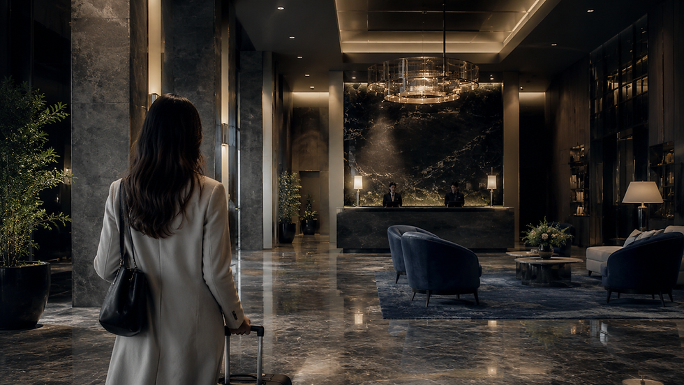 Woman with suitcase in a sleek, dark marble hotel lobby, facing reception under a chandelier, calm and luxurious.