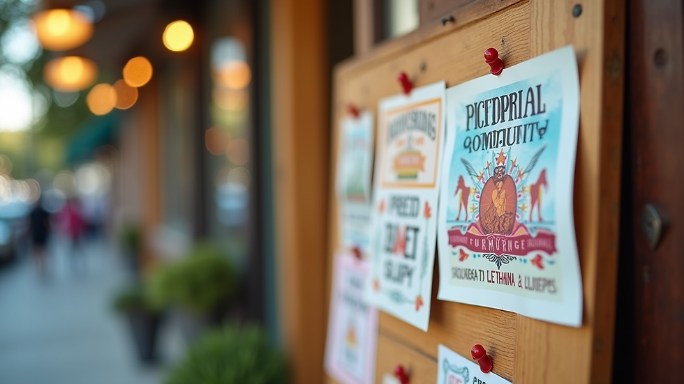 Close-up view of a colorful flyer for a free community event pinned on a wooden board