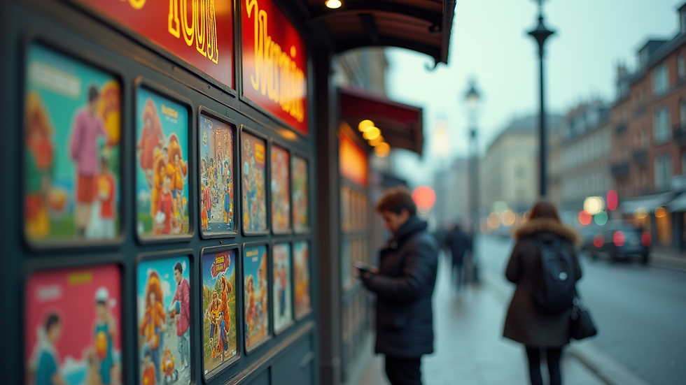 Close-up view of a local kiosk displaying colorful advertisements