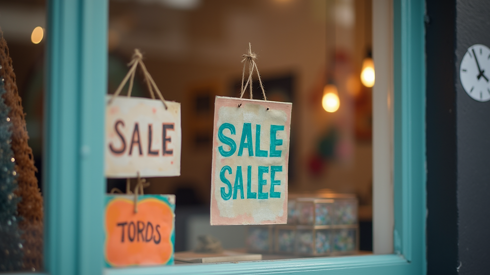Eye-level view of a small shop window with colorful handmade signs promoting a sale