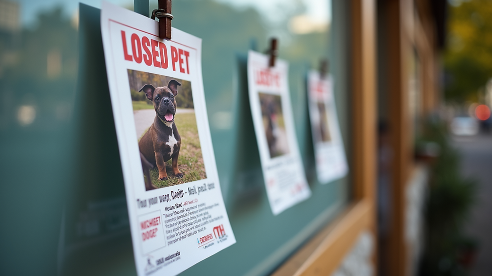 Close-up view of a colorful lost pet flyer pinned on a community bulletin board