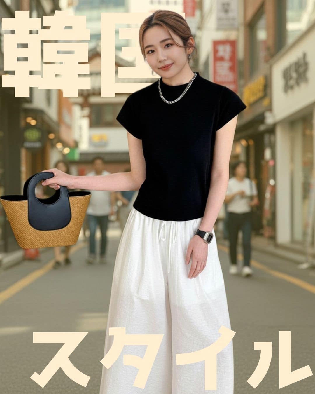 韓国で韓国ファッションを着ている女性