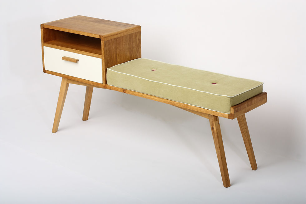Thumbnail: Wooden bench with drawer and cushion, storage bench, neutral background, atelier28.