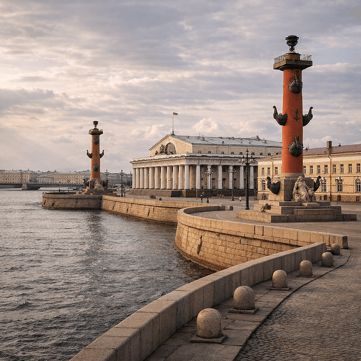 Биржа Санкт-Петербург, ростральные колонны, Стрелка Васильевского острова, архитектура XIX века, инженерия Петербурга, строительство у воды, неоклассицизм