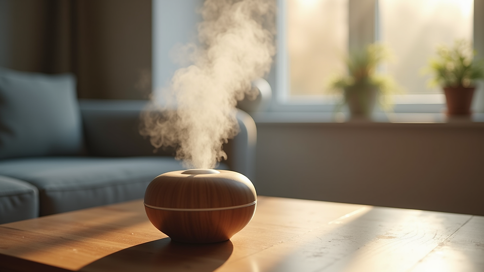 Close-up view of a diffuser releasing mist in a modern living room