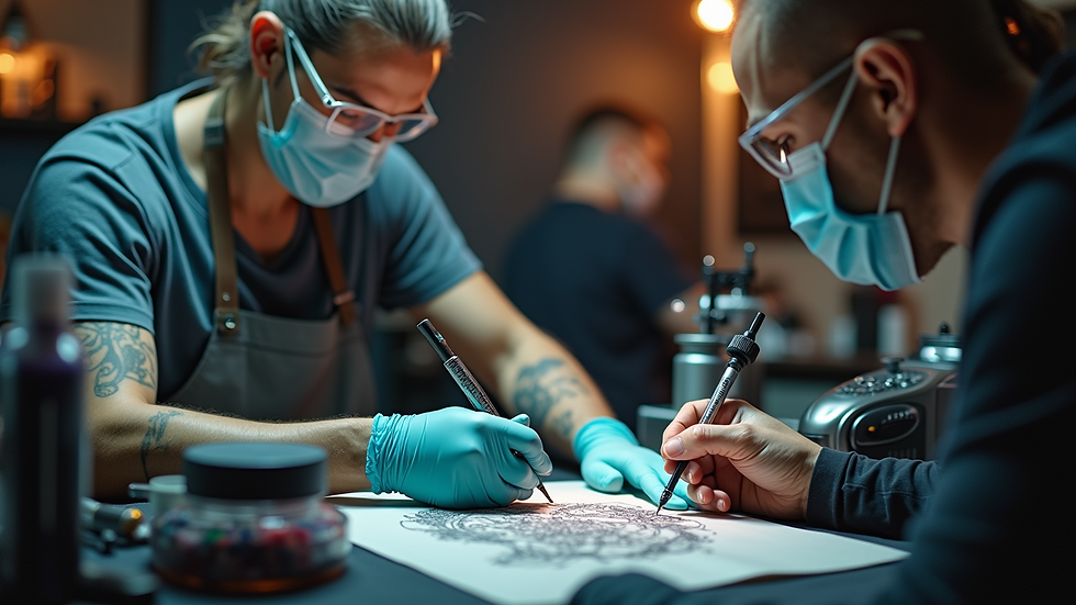 Eye-level view van een tattoo studio met professionele apparatuur en inktpotjes