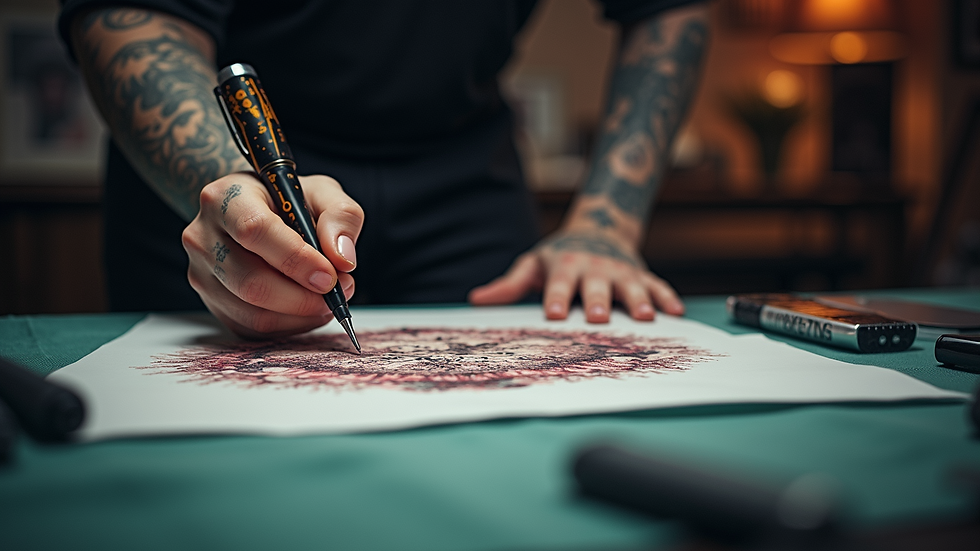Eye-level view van een tattoo studio met steriele inktpotjes op een tafel