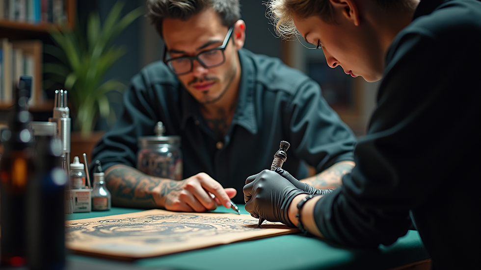 Eye-level view van een tattoo studio met professionele inktflessen op een plank