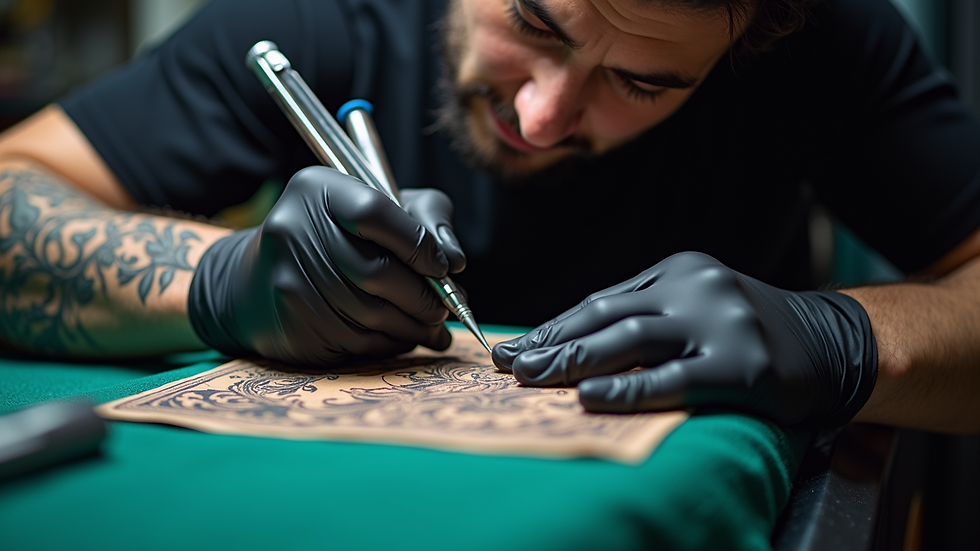 Eye-level view of a tattoo artist working on a detailed design