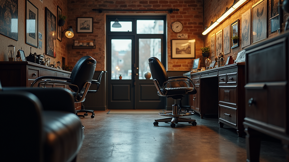 Eye-level view van een tattoo studio interieur met stoelen en apparatuur