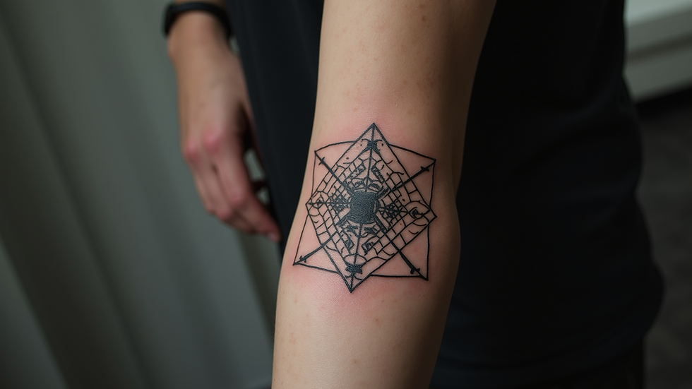 Eye-level view of a geometric tattoo on upper arm