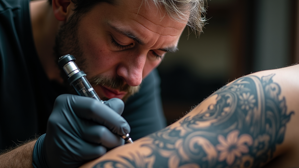 Eye-level view van een tattoo artiest die een ontwerp bespreekt met een klant