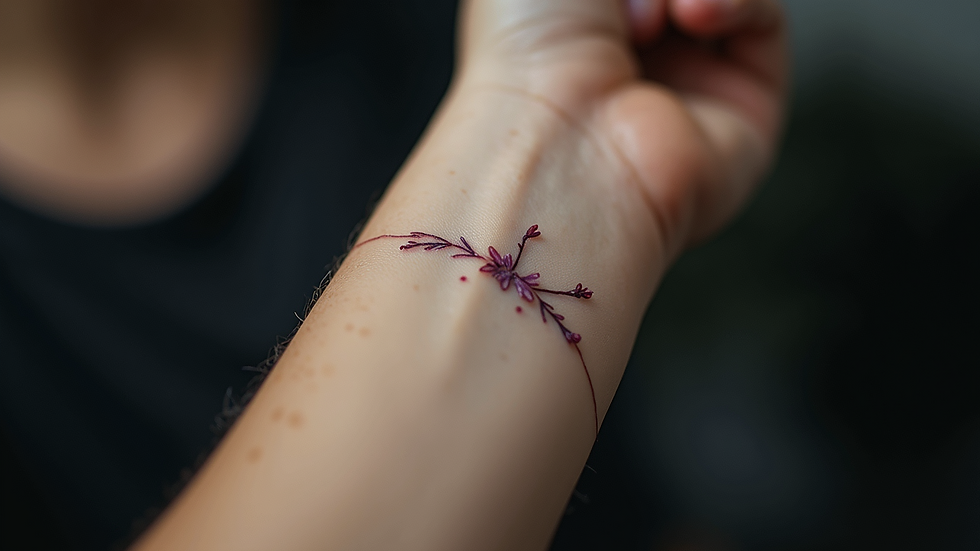 Close-up view of a fine line tattoo on forearm