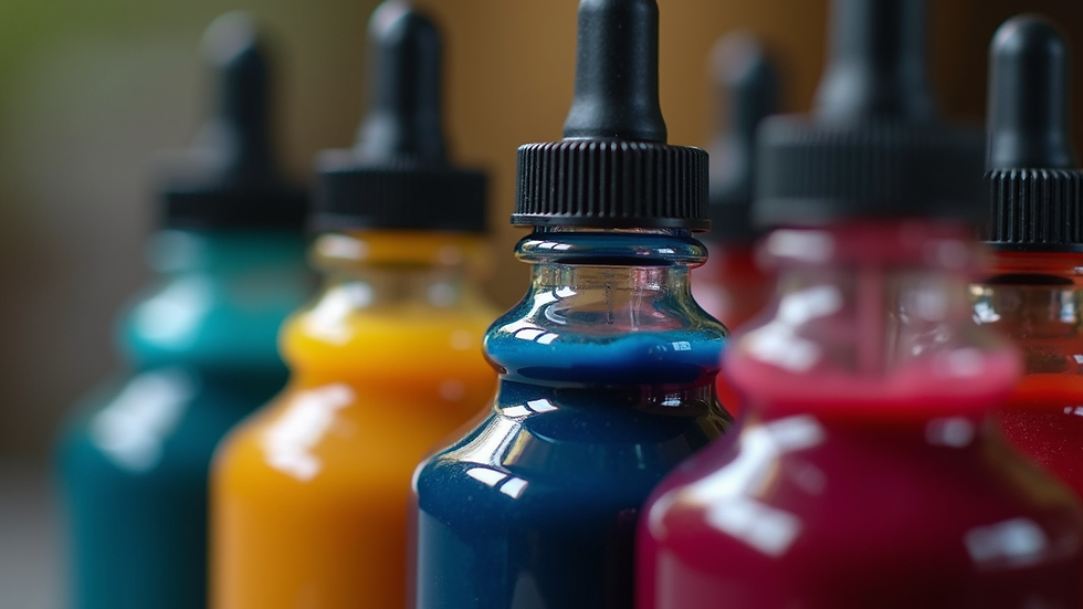 Close-up view of colorful tattoo ink bottles arranged neatly