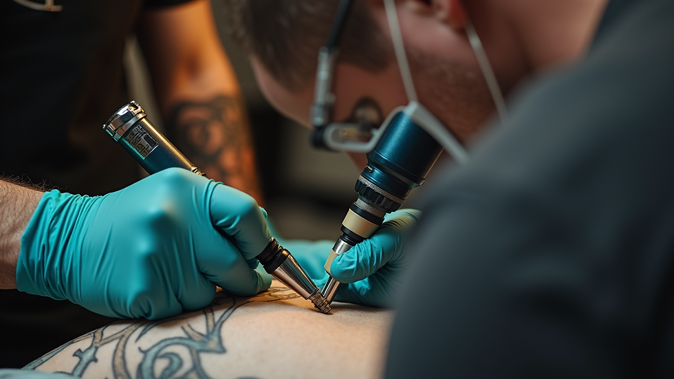 Close-up van een artistieke tattoo machine in een Gentse tattoo shop