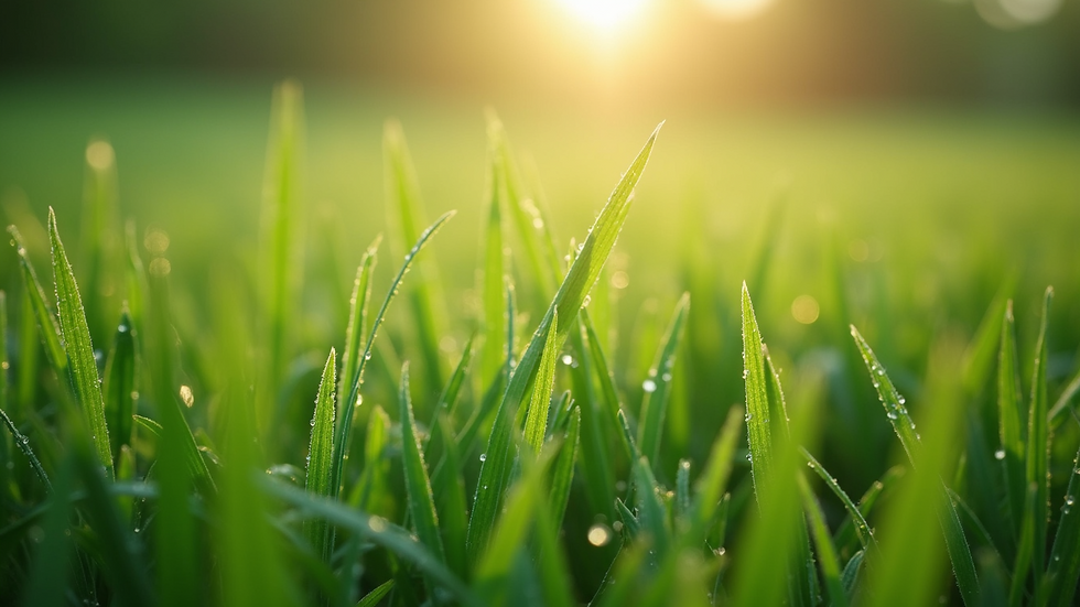 Close-up of green grass blades with morning dew